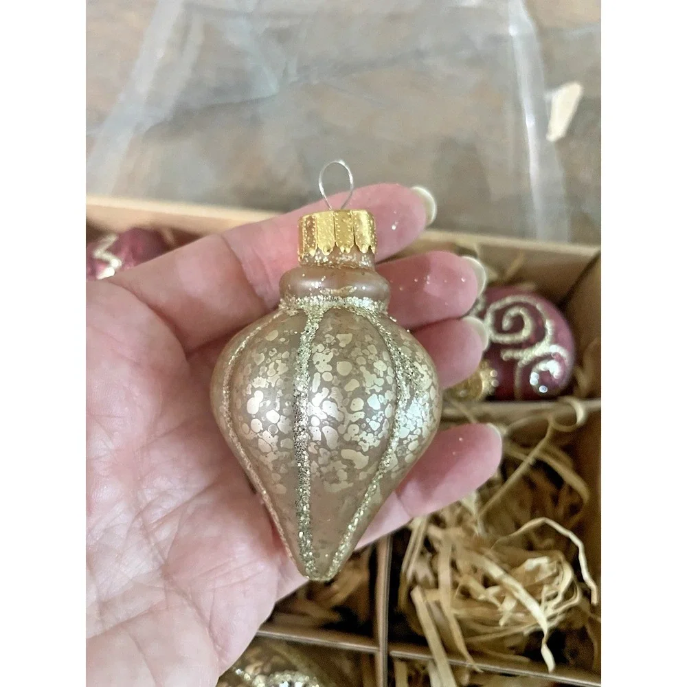 Vtg Set of 9 Ashland‎ Glass Glitter Frosted Pink Gold Christmas Ornaments NIB